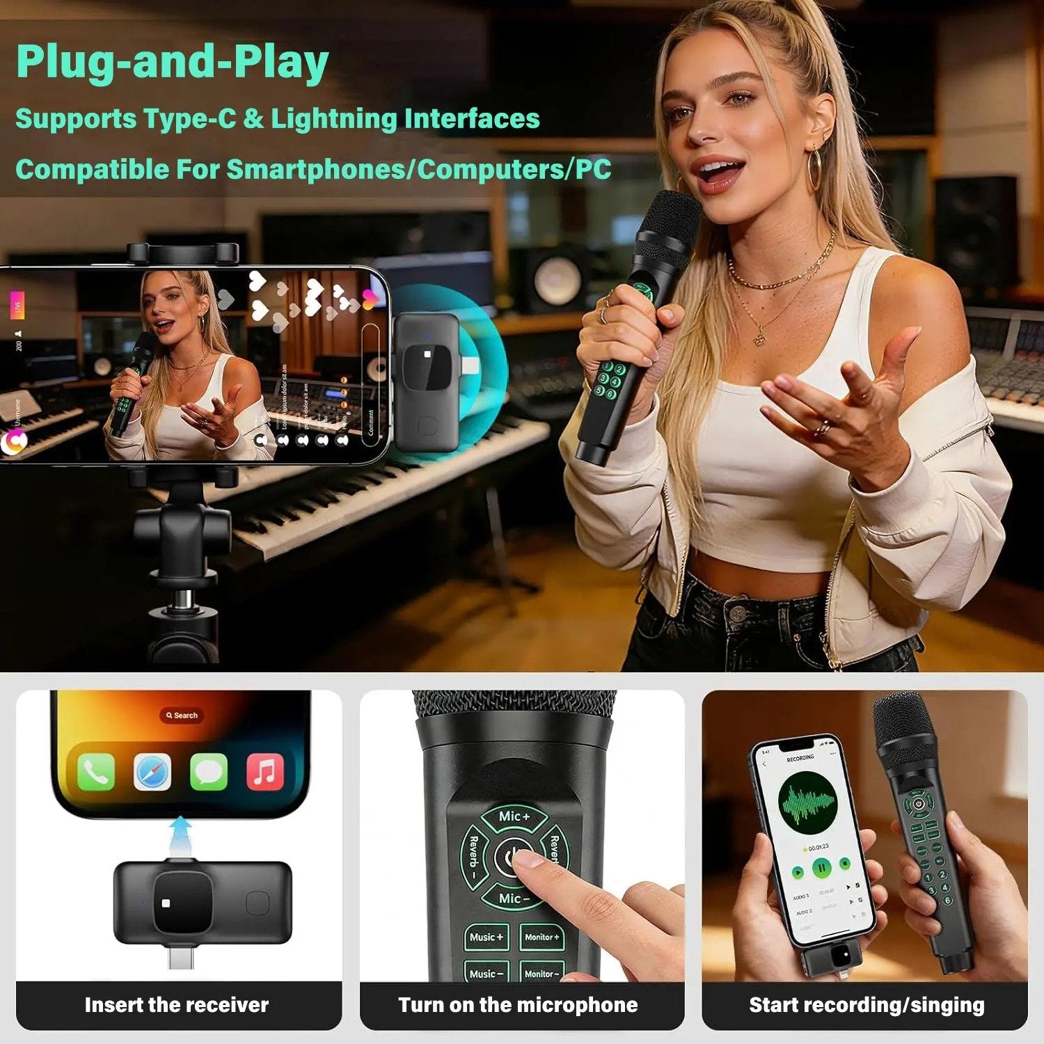 🎁Last Day Promotion 49% OFF🔥2-in-1 Bluetooth Microphone with Sound Card, Voice Changer and Noise Reduction for Streaming